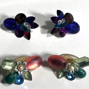 Vintage Colorful Beaded Pierced Cluster Earrings Retro Floral 2 pair